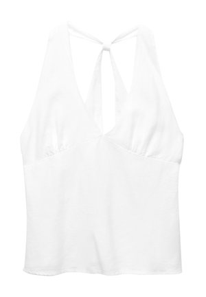 Weißes ärmelloses Top mit tiefem V-Ausschnitt, gerafftem Bustdetail und einer Schleife im Rücken. Hergestellt aus einem leichten Stoff.