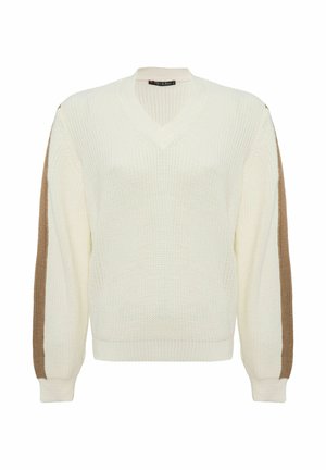 Creme V-hals gebreide trui met gestructureerde stof. Beschikt over bruine accentstrepen op de mouwen en ribbels in de manchetten. Casual pasvorm.