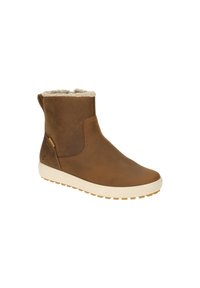 Bottines en cuir marron avec une doublure intérieure douce de couleur crème, semelle en caoutchouc et une boucle sur le côté pour un enfilage facile.
