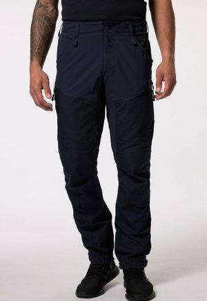 Marineblauwe outdoorbroek met een slim fit, ritssluitingen, versterkte knieën en elastische manchetten; gemaakt van duurzaam, flexibel materiaal.