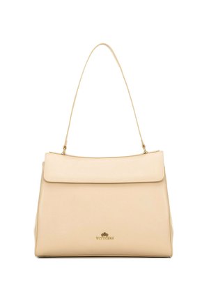 Beżowa skórzana torebka z klapką zamykaną, pojedynczym paskiem na ramię i małym złotym logo Wittchen na środku przedniej strony.