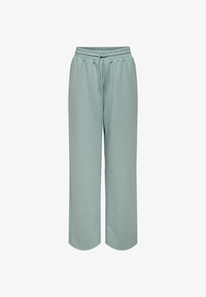 Šviesiai mėlynos-žalios plačios kelnes su elastiniu juosmeniu ir reguliuojamu dirželiu, pateiktos ant paprasto balto fono.