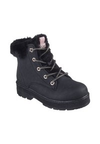 Botas negras con collar de piel sintética, cordones metálicos y suela de goma texturizada. Presentan una lengüeta acolchada y un sutil logo en el lateral.