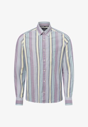 Gestreiftes Hemd mit Knöpfen, das vertikale Linien in pastellfarbenen Tönen zeigt, eine Brusttasche und einen klassischen Kragen hat; aus einem Baumwollmischgewebe mit leichtem Struktur.