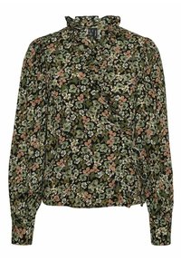 Blouse à manches longues florale avec une base vert foncé, col froncé et petites fleurs variées en beige, crème et vert. Comprend des manches froncées.