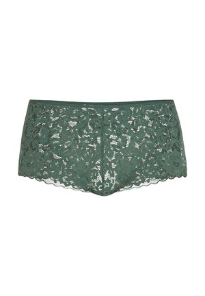 Shorts hipster verde in pizzo con motivo floreale, bordi scallopati e morbida texture. Il materiale è semitrasparente con cuciture dettagliate.