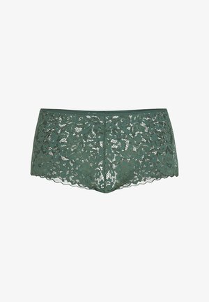 Green lace hipster shorts featuring floral pattern, scalloped edges, and soft texture. Material is semi-transparent with detailed stitching.