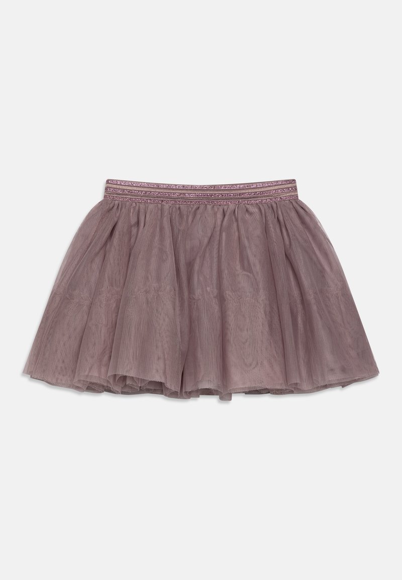 Jupe en tulle lilas avec tissu froncé et taille élastique présentant des rayures horizontales roses et un détail scintillant.