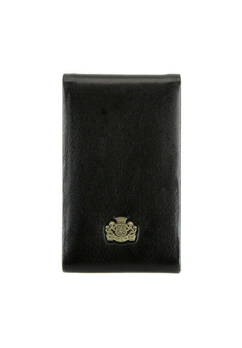 Portafoglio in pelle nera con superficie testurizzata, dotato di un emblema metallico sul davanti. Design pieghevole, bordi lisci, dimensioni compatte.