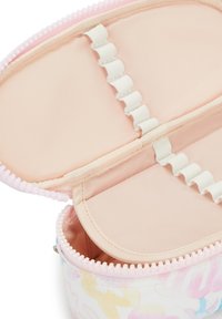 Rosa sminkväska med dragkedja och pastellfärgad abstrakt mönster, med ett mjukt, foder inuti och elastiska remmar för organisering.