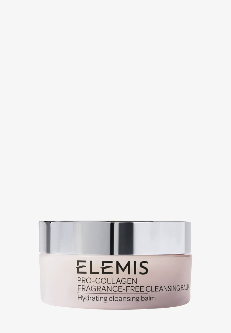 Pot de baume nettoyant hydratant sans parfum Elemis Pro-Collagen avec couvercle argenté sur fond uni.