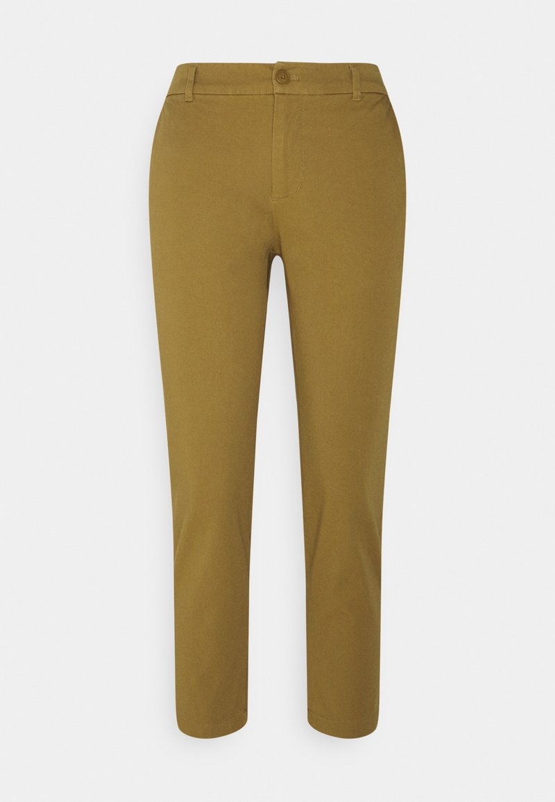 Pantalon slim pour femmes, longueur cheville, vert olive, avec fermeture bouton et zip, passants pour ceinture et sans poches visibles.