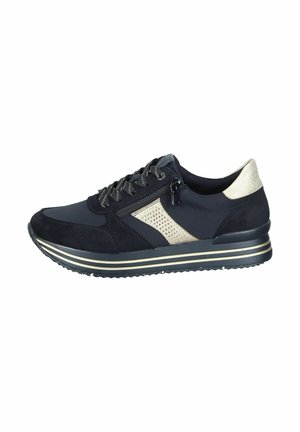 Black sneaker with a suede texture, featuring a beige perforated side panel and gold accents, secured with laces and a side zipper.