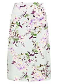 Jupe florale en tissu léger, avec un fond menthe pastel et des motifs floraux violets et verts, de longueur mi-mollet et d'une texture douce.