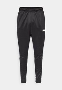 Sorte athletic bukser lavet af glat stof, med en tætsiddende pasform, elastisk talje og hvide sidelogoer. Adidas-logo på højre lår.
