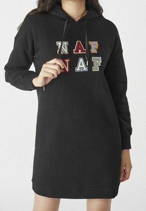 Robe à capuche noire avec des lettres brodées multicolores "NAF" sur le devant, dotée d'une capuche avec cordon de serrage et de poignets côtelés.