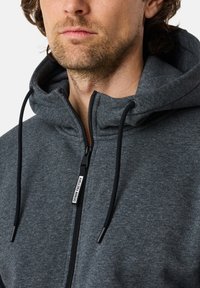 Grå zip-hoodie med en dragkedja, mjukt bomullsblandat tyg och en dragkedjestängning med en märkesetikett framtill.