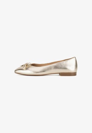 Gold metallic ballet flats with a pointed toe, flat heel, and decorative bow. Smooth texture with subtle shine and a simple design.