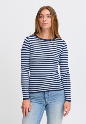 Navy and light blue striped long-sleeve shirt made of soft fabric, featuring a ribbed neckline and fitted design. Worn with light blue jeans.