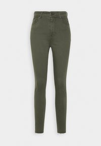 Jean skinny taille haute de couleur vert olive avec poches avant, fermeture par bouton et ourlet brut au niveau de la cheville.