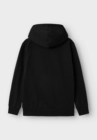 Sweat à capuche noir en tissu doux, avec de longues manches, des poignets côtelés et un ourlet. La vue arrière ne montre aucun détail supplémentaire.