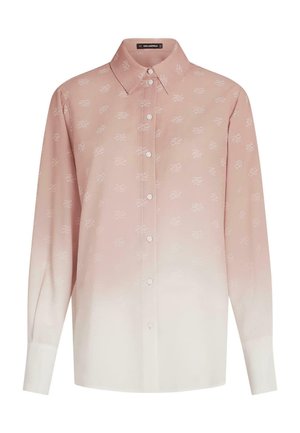 Chemise à manches longues avec col et boutons, avec un effet ombré allant du rose au blanc et un motif blanc subtil sur l’ensemble.