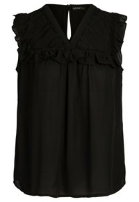 Blusa nera senza maniche con scollatura a V, dettagli arricciati sulle spalle, pannello superiore testurizzato e chiusura a botte sul retro.