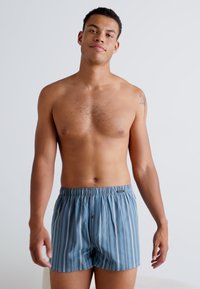 Bóxers de rayas azules con una cintura elástica, que presentan rayas verticales en diferentes tonos de azul. Tela suave y corte relajado.