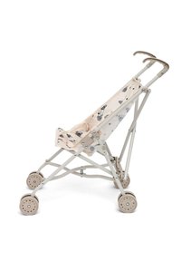 Lichtbeige lichtgewicht strollerframe met stoffen zitting met zwart en grijs bedrukte luchtballonmotieven en vier kleine wielen.