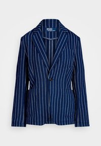Navy blue blazer with white vertical stripes, single button closure, two front pockets, peak lapel, and a padded shoulder design.