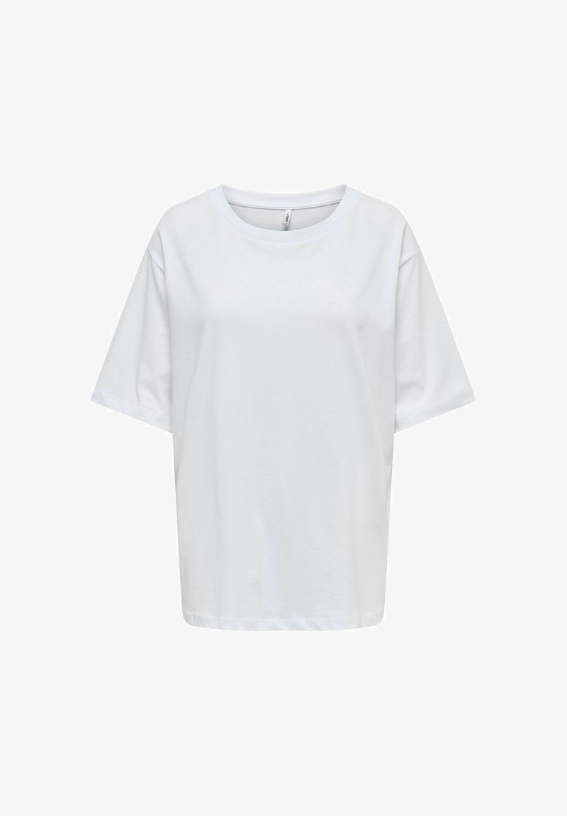 T-shirt blanc uni à manches courtes et col rond avec une coupe décontractée, présenté sur fond blanc.