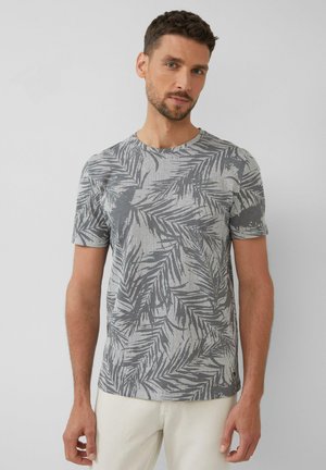 Korte mouw crewneck t-shirt in het grijs met een bladerenpatroon. Gemaakt van lichtgewicht stof met een gladde textuur, voorzien van een rechte zoom.