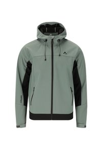 Veste softshell vert clair avec accents noirs, capuche ajustable, fermeture éclair avant et deux poches latérales, conçue pour les activités de plein air.