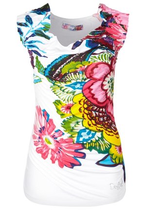 Haut blanc sans manches avec grand imprimé floral coloré en rose, jaune, vert et bleu, avec des détails à volants sur les épaules.
