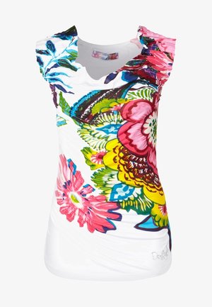 Witte mouwloze top met een grote kleurrijke bloemenprint in roze, geel, groen en blauw, met ruches op de schouders.