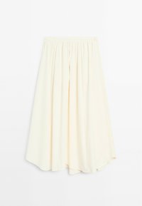 Cream-colored pleated midi skirt with elastic waistband, flowing fabric, and slight asymmetrical hem, displayed on a white background.