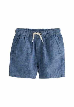 Denim shorts with an elastic waistband, drawstring closure, two side pockets, and a light blue color with a textured fabric finish.
