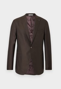 Blazer pour homme marron foncé à simple bouton avec un motif à carreaux subtil et une doublure intérieure à motif violet, orné d'une petite épingle "MK" sur le revers.