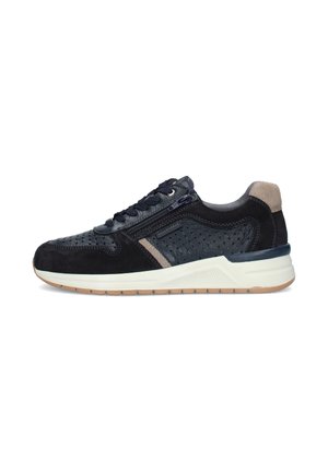 Scarpa da uomo nera e blu navy con pelle traforata, cerniera laterale, chiusura con lacci, dettagli beige e suola imbottita bianca con suola in gomma.