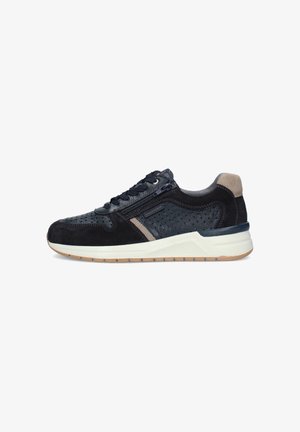 Scarpa da uomo nera e blu navy con pelle traforata, cerniera laterale, chiusura con lacci, dettagli beige e suola imbottita bianca con suola in gomma.