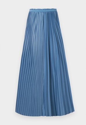 Jupe plissée bleu longueur cheville avec des plis de largeurs inégales et une ceinture ajustée sur fond blanc.