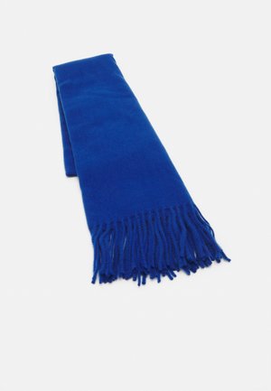 Sciarpa blu intrecciata con estremità frangiate, texture liscia, forma rettangolare e colore uniforme su tutta la superficie. Adatta per il freddo.