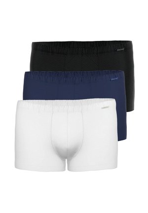 Drei Paar Herren-Boxershorts in Schwarz, Marineblau und Weiß mit dezenten Streifenmustern und elastischem Bund, vertikal gestapelt.