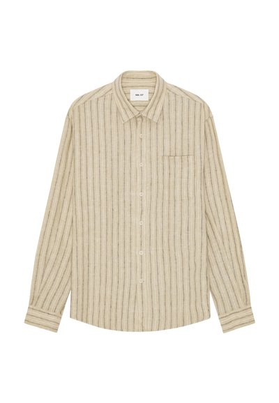 Beige long-sleeve button-up shirt with thin vertical gray stripes and a chest pocket, collar, and buttoned cuffs.