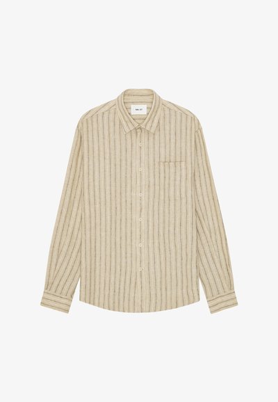 Beige long-sleeve button-up shirt with thin vertical gray stripes and a chest pocket, collar, and buttoned cuffs.