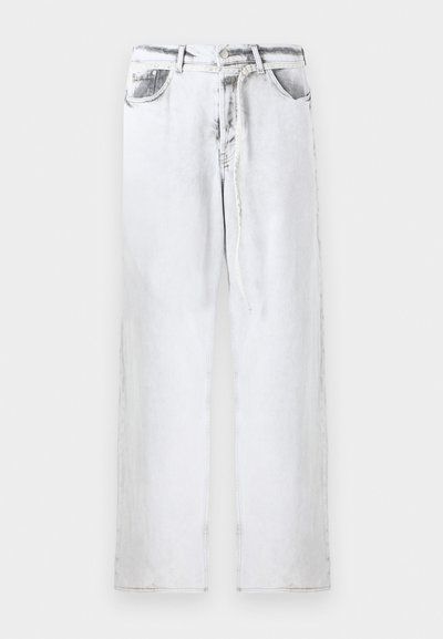 Light gray denim jeans with a loose fit, featuring a button fly, five pockets, and subtle fading for texture. Straight leg design.