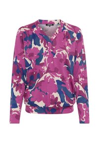 Pullover floreale in tonalità di rosa, viola e blu. Presenta un collo a V, maniche lunghe e una vestibilità rilassata con un tessuto testurizzato.