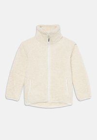 Kurtka polarowa w odcieniu off-white, z wysokim kołnierzem, zapięciem na zamek błyskawiczny z przodu, bocznymi kieszeniami oraz miękką, teksturowaną tkaniną.