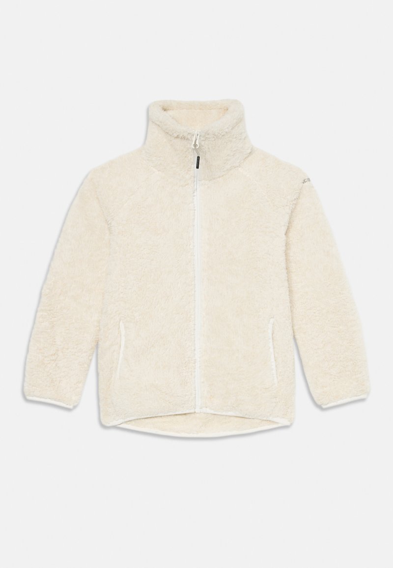 Giacca in pile di colore bianco sporco, con colletto alto, chiusura con zip frontale, tasche laterali e un tessuto morbido e texture.