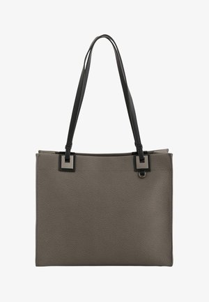 Sac fourre-tout gris texturé avec des anses noires et des accents métalliques carrés. Présente un design épuré et structuré ainsi qu'un intérieur spacieux.